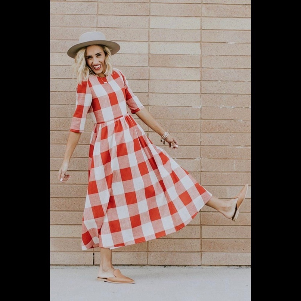 Roolee red buffalo plaid gingham Maddie mom midi maxi dress - Picture 7 of 15